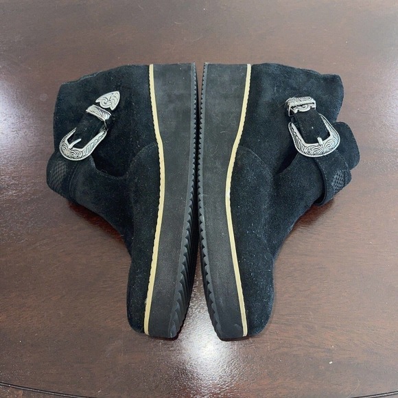 Silent D Anthropologie Cowboy Buckle Bootie Black Suede Boots 37 Platform US 6.5 - Picture 7 of 16